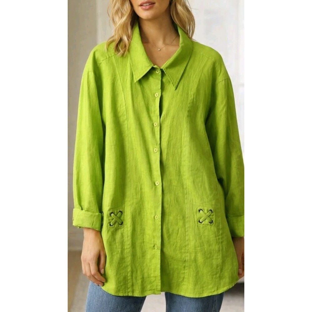 Linear Blouse Size 3X Button Green 3/4 Sleeve Linen Blend New